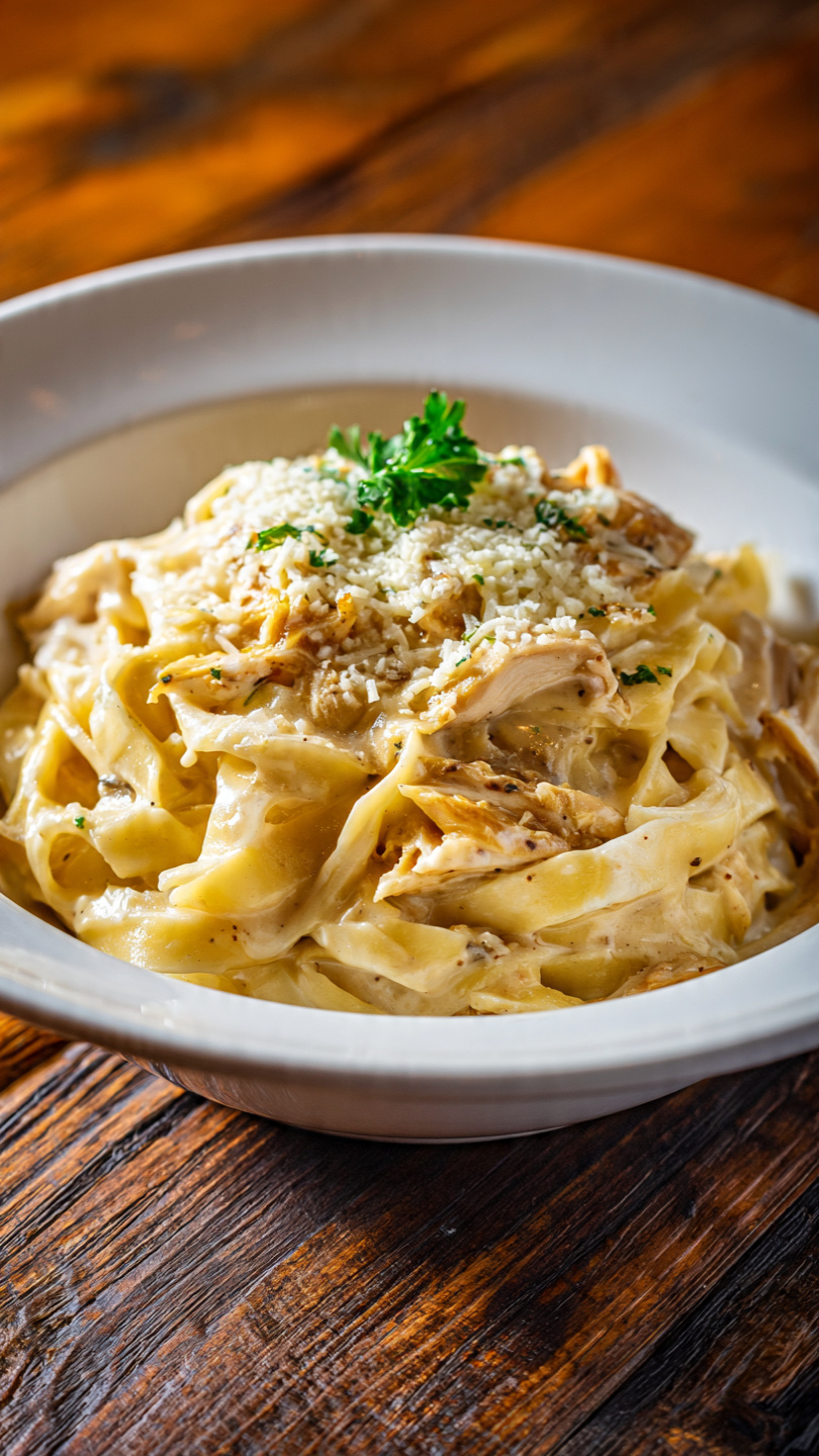 Creamy Shredded Chicken Bacon Ranch Pasta